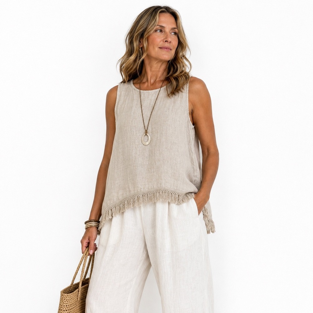 Boho Coastal Beige Linen Fringe Hem Tank Top Valentina Naldi Size S